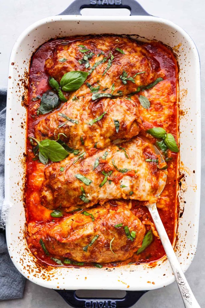 Baked Chicken Marinara With Mozzarella And Fresh Basil