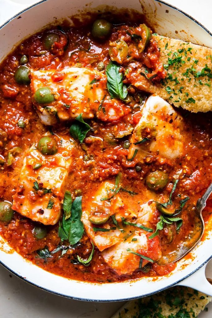 Fish Puttanesca With Spaghetti And Olives