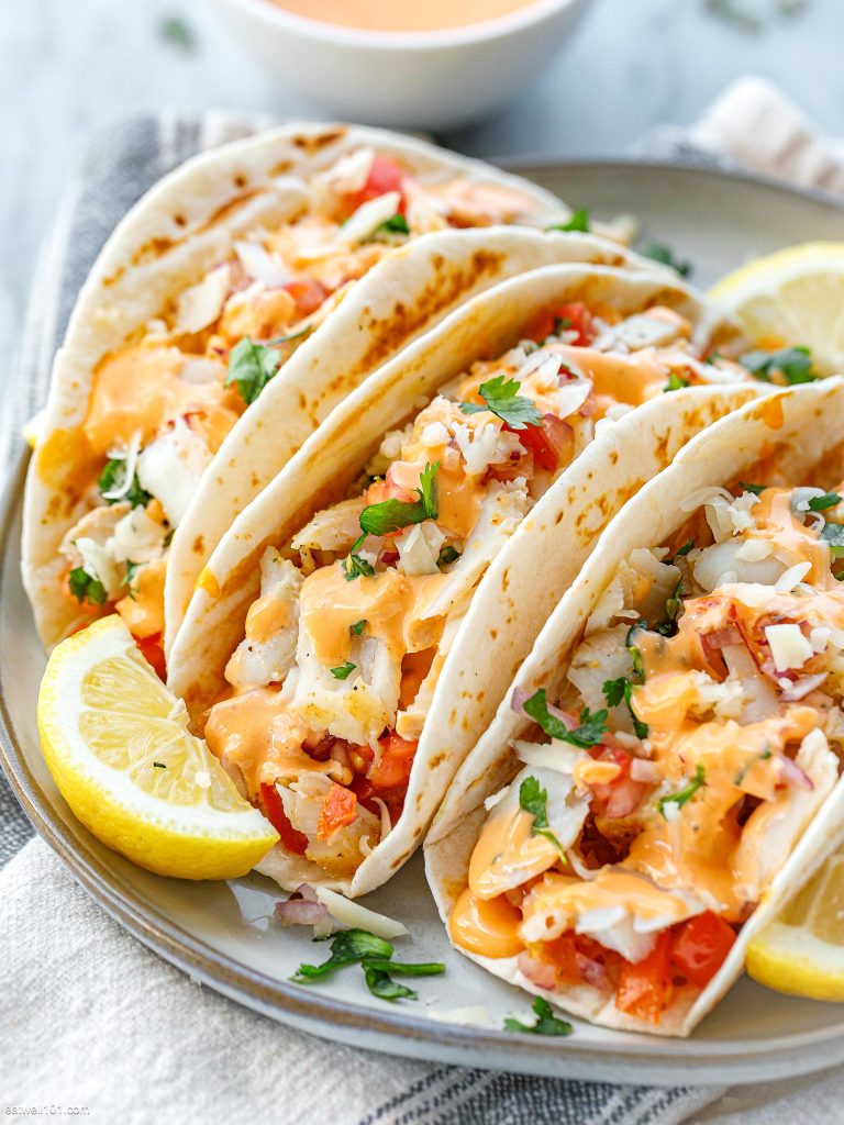 Crispy Beer Battered Fish Tacos With White Sauce