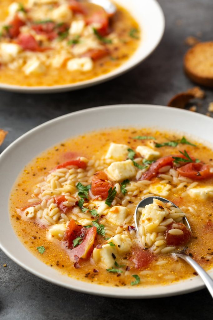 Greek Tomato Feta Soup With Orzo And Feta Cheese